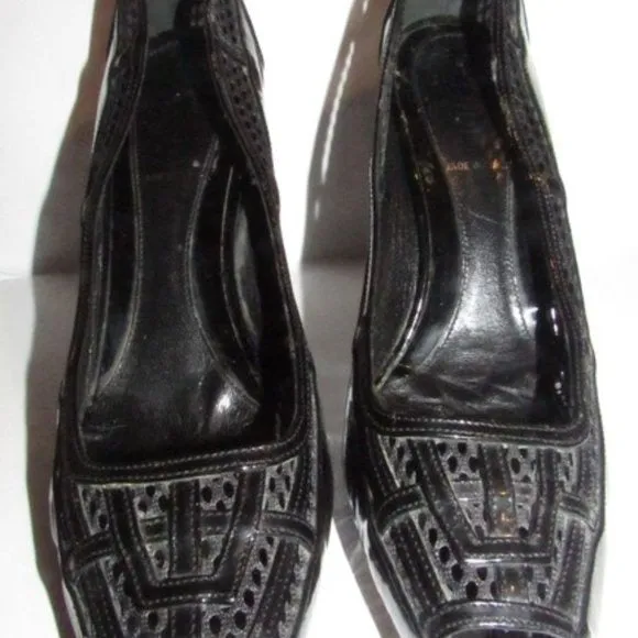 Fendi Glossy Black Leather Open Toe Pumps W Woven Mesh Trim Accents