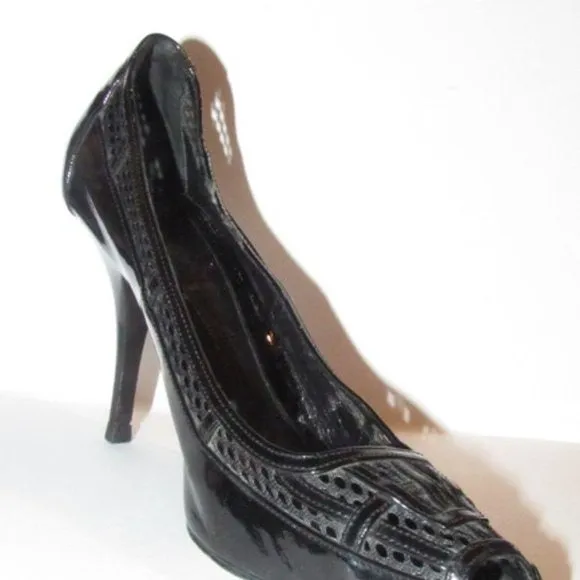 Fendi Glossy Black Leather Open Toe Pumps W Woven Mesh Trim Accents