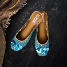 Floral Sequin Work Women Jutti | Festive Styling | Peacock Blue