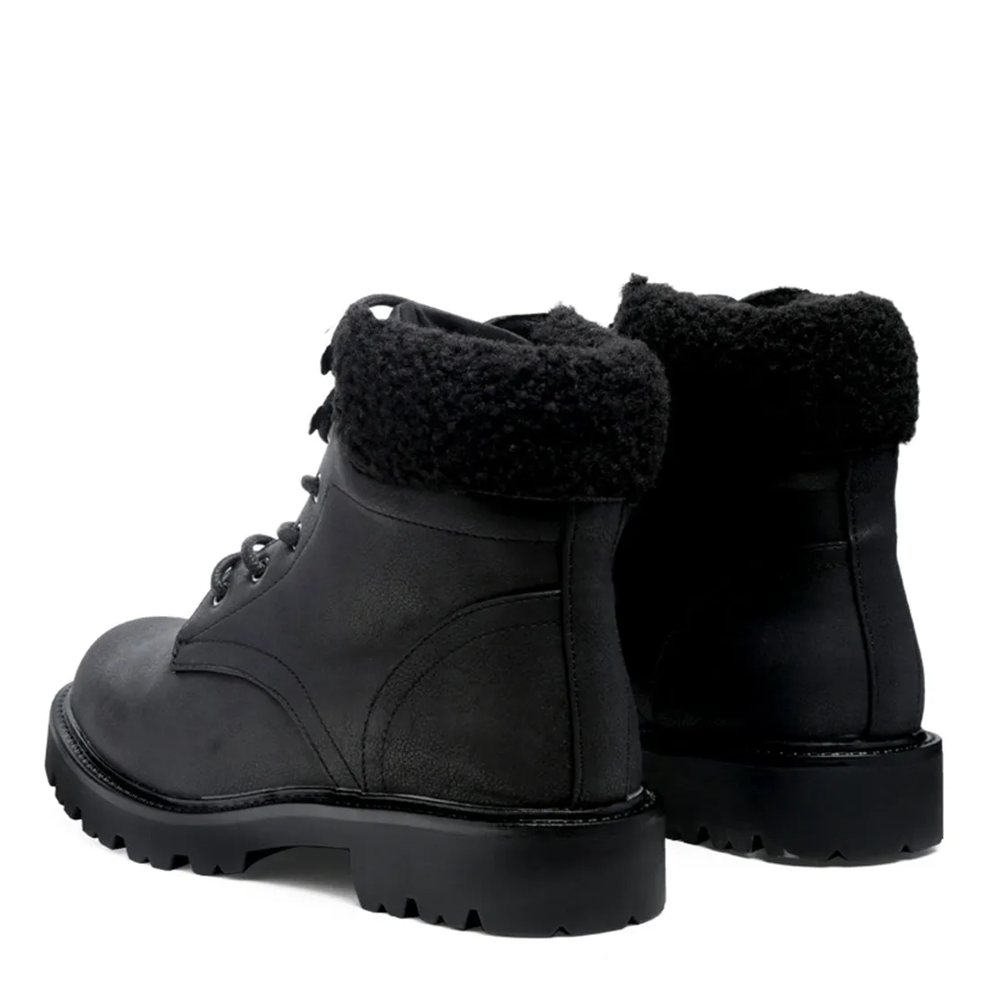 Fur Collared Biker Boots in Black