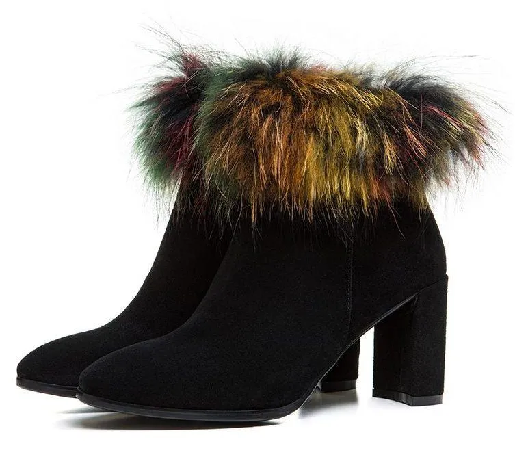 Fur-Trimmed Suede Booties - Black or Green