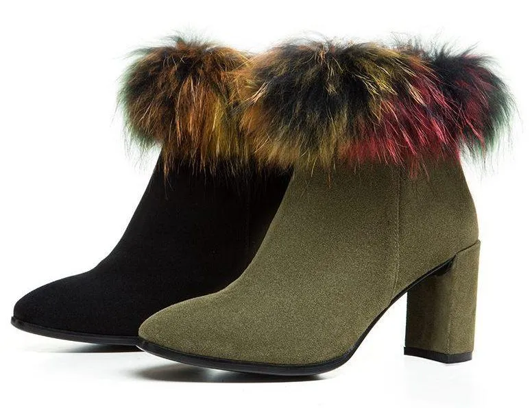 Fur-Trimmed Suede Booties - Black or Green