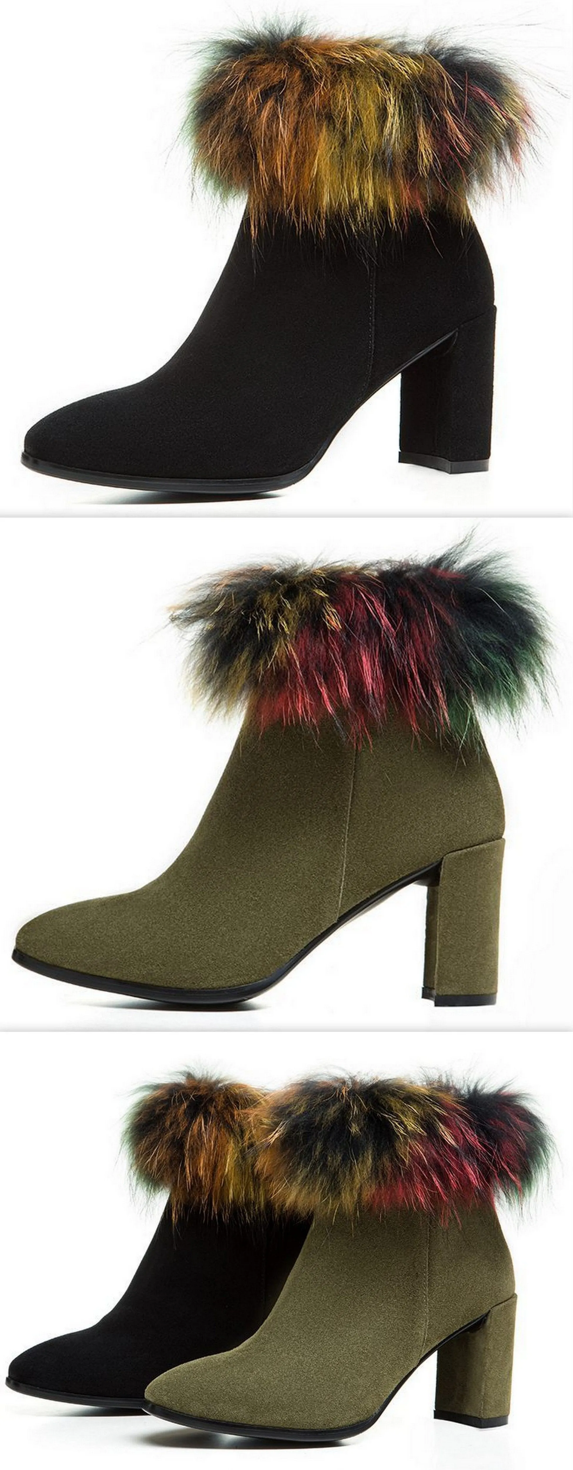 Fur-Trimmed Suede Booties - Black or Green