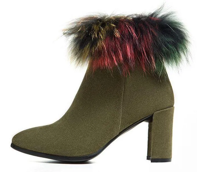 Fur-Trimmed Suede Booties - Black or Green