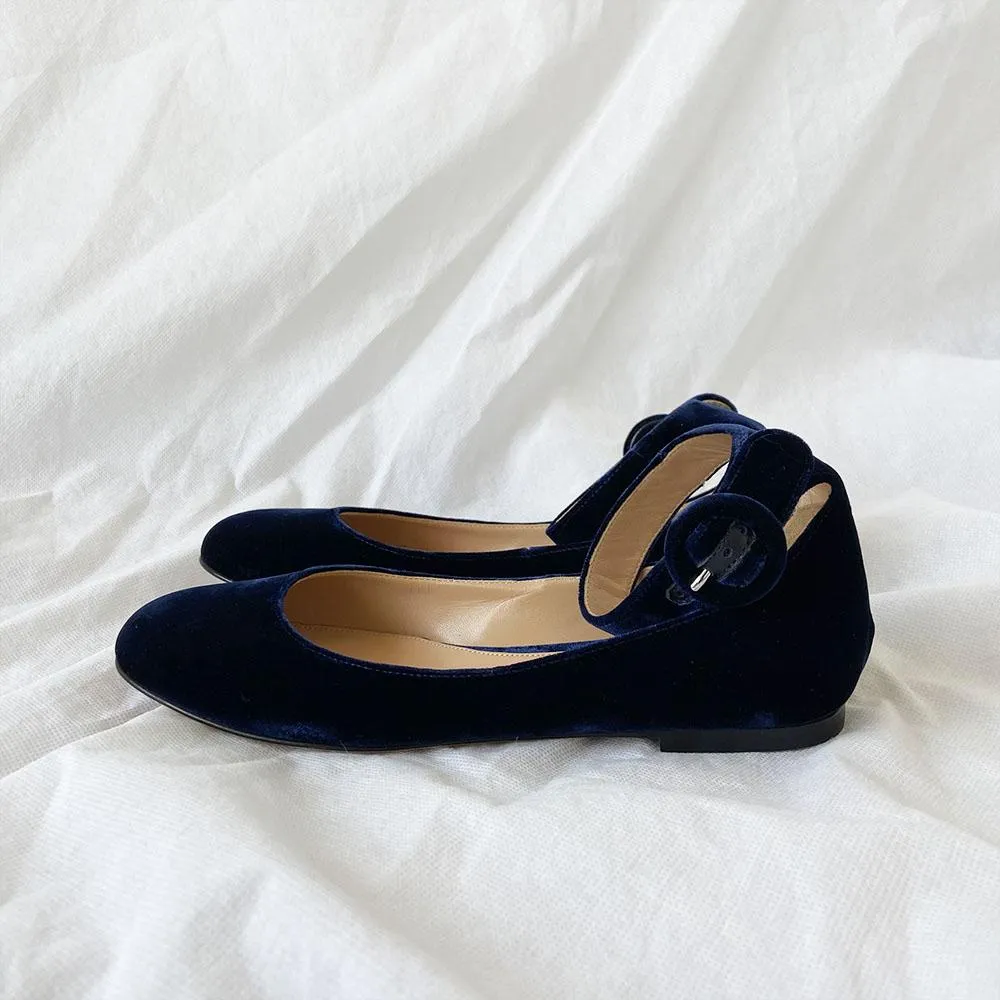 Gianvito Rossi velvet dark blue ankle strap flats, 36