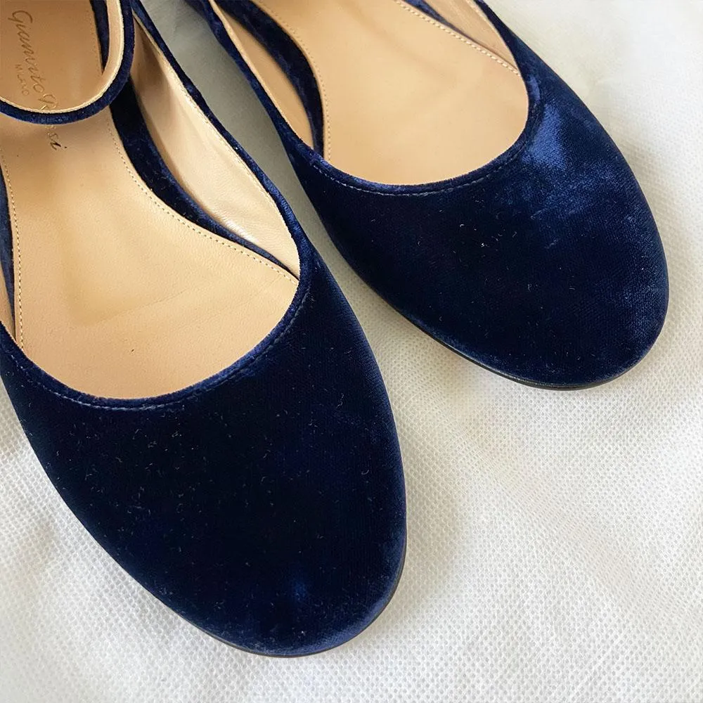 Gianvito Rossi velvet dark blue ankle strap flats, 36