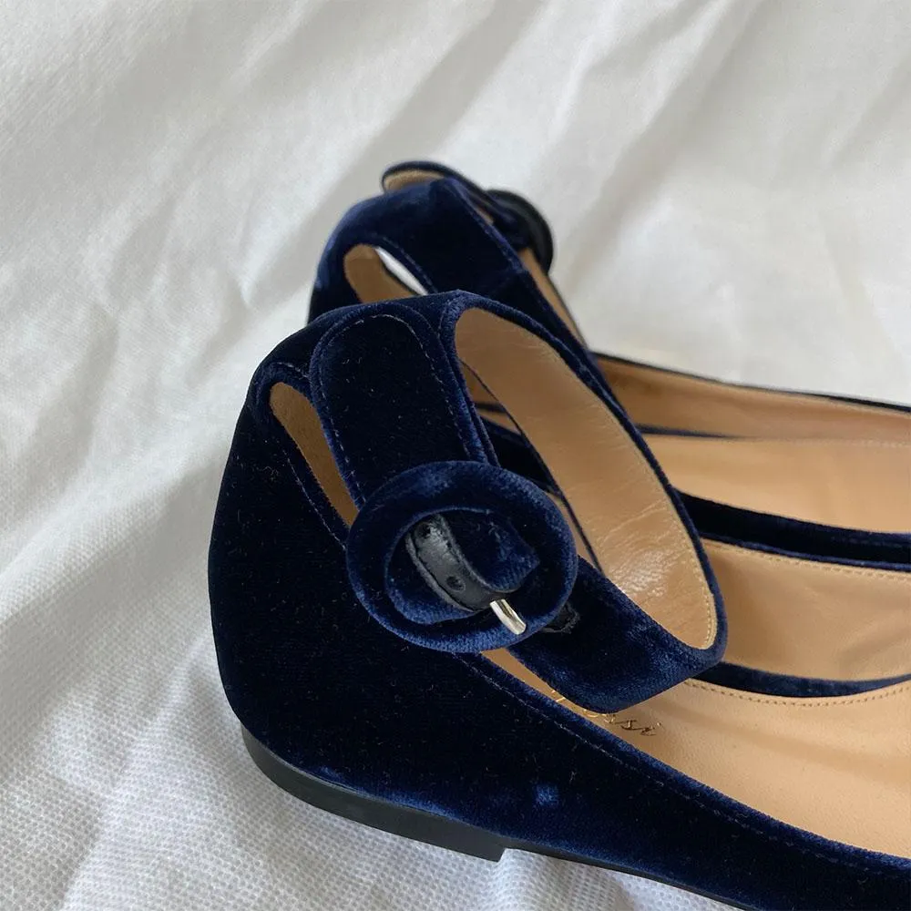 Gianvito Rossi velvet dark blue ankle strap flats, 36