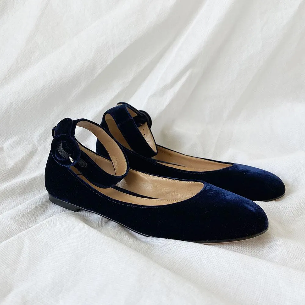 Gianvito Rossi velvet dark blue ankle strap flats, 36