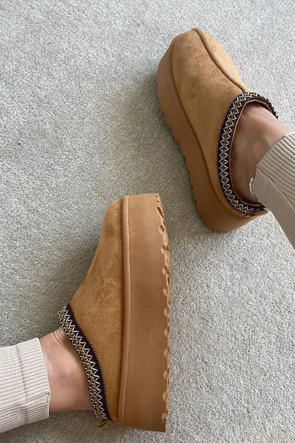 HOLLIE ULTRA PLATFORM CHESTNUT EMBROIDERED ANKLE SLIPPER BOOTS