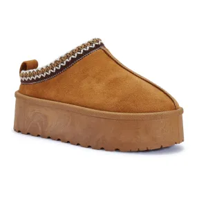 HOLLIE ULTRA PLATFORM CHESTNUT EMBROIDERED ANKLE SLIPPER BOOTS