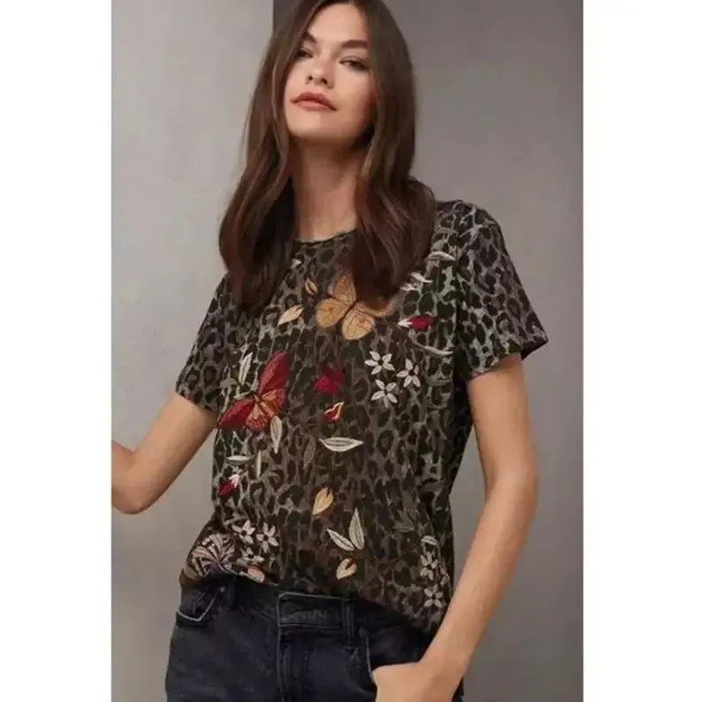 Johnny Was Janie Favorite Jenny Love Short Crew Floral Tee Shirt Black Top NEW