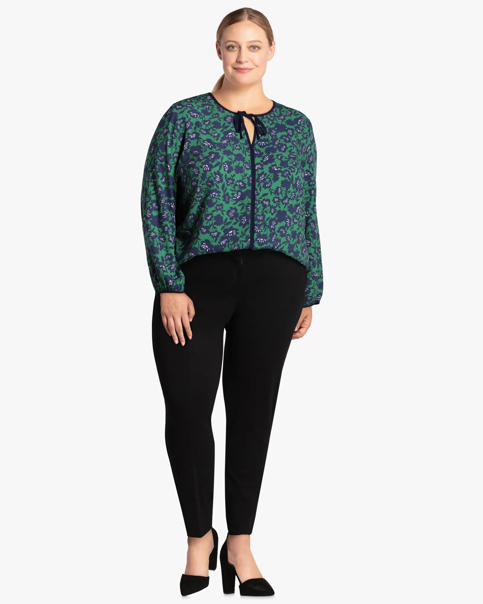 Juliette Printed Top with Piping | Forest Green / Navy