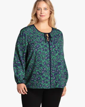 Juliette Printed Top with Piping | Forest Green / Navy