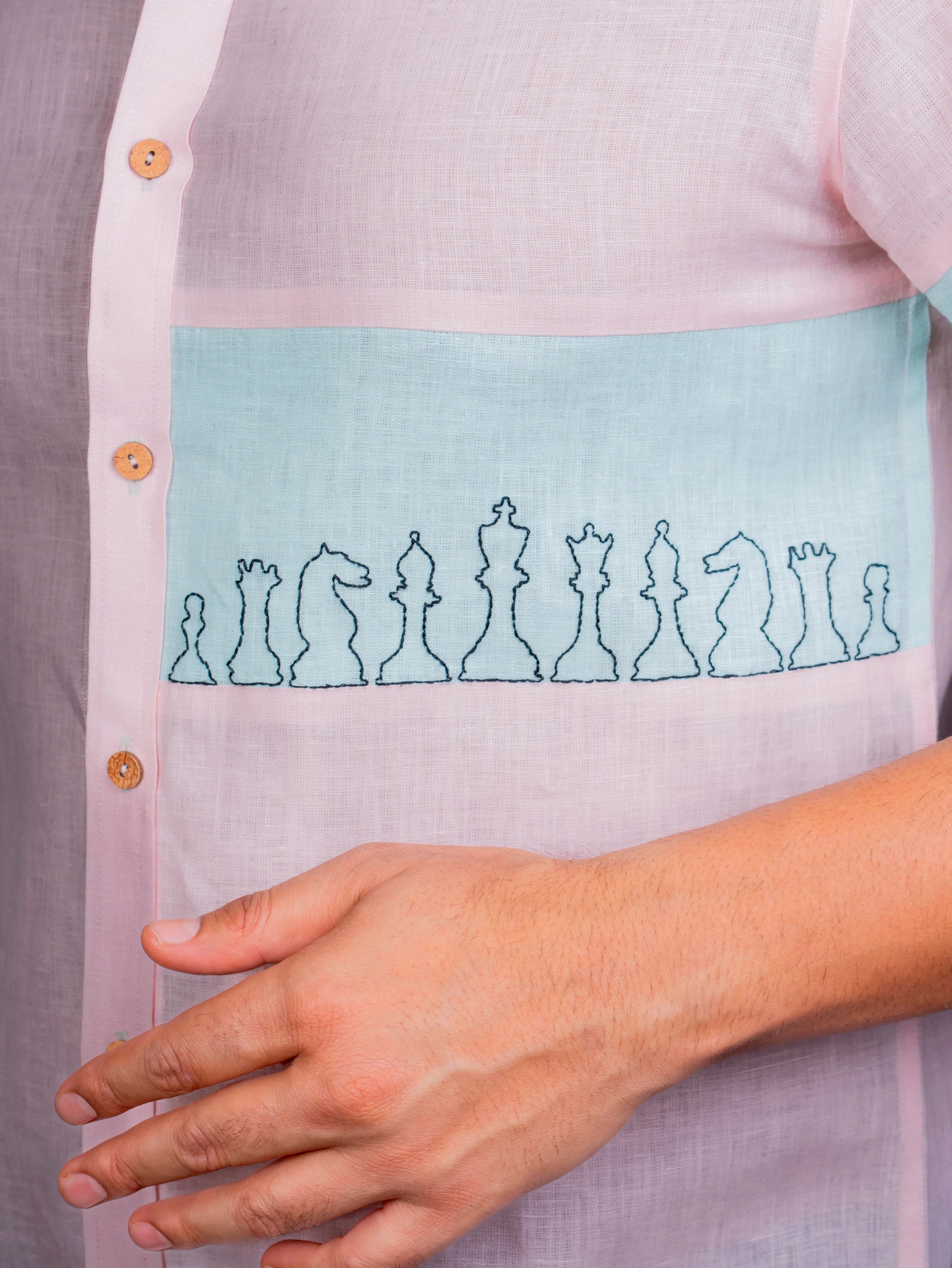 Linen Half Sleeves Shirt With Hand Embroidery On Colour Block