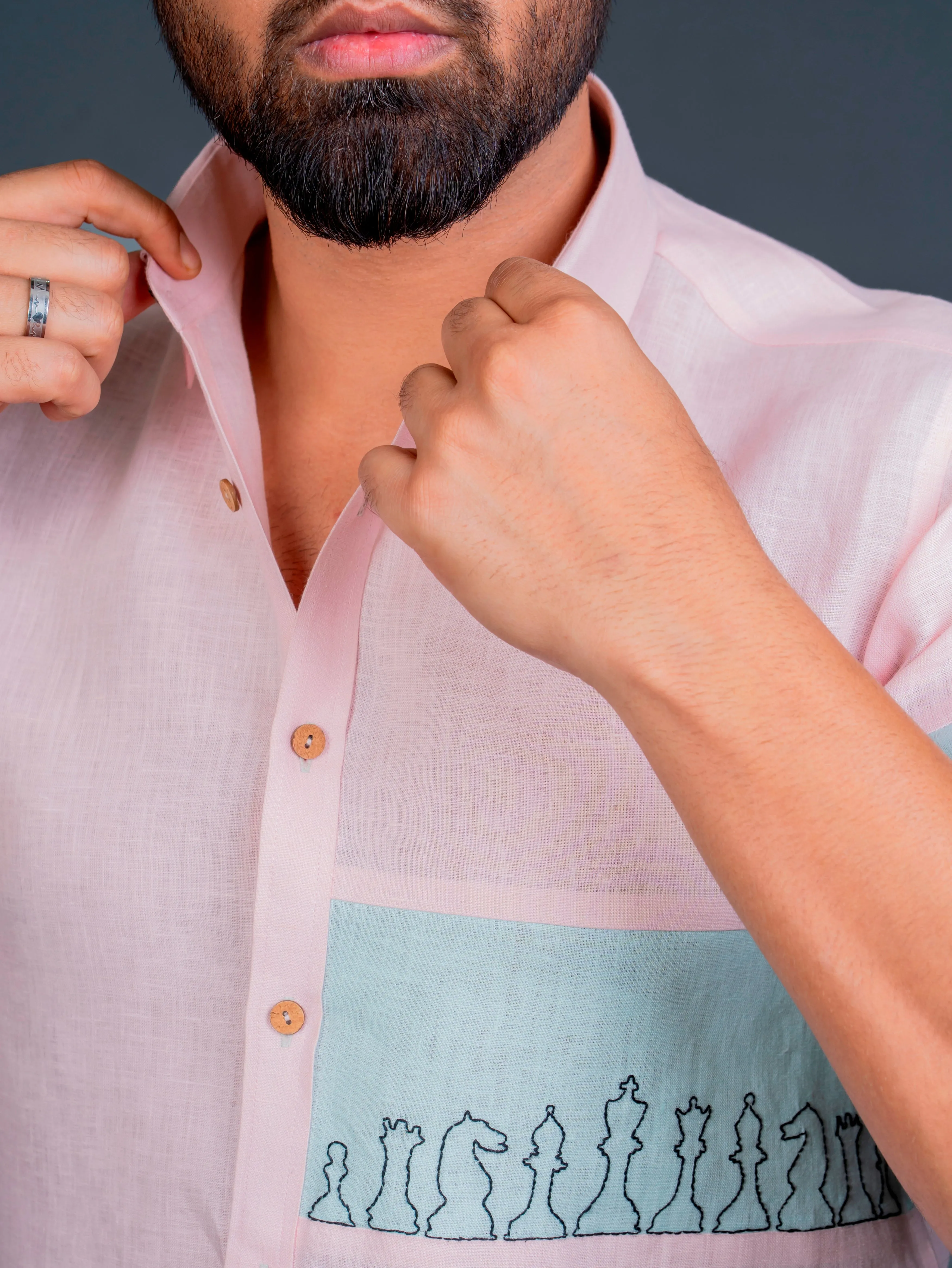 Linen Half Sleeves Shirt With Hand Embroidery On Colour Block