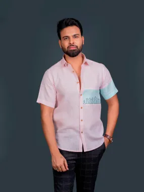 Linen Half Sleeves Shirt With Hand Embroidery On Colour Block