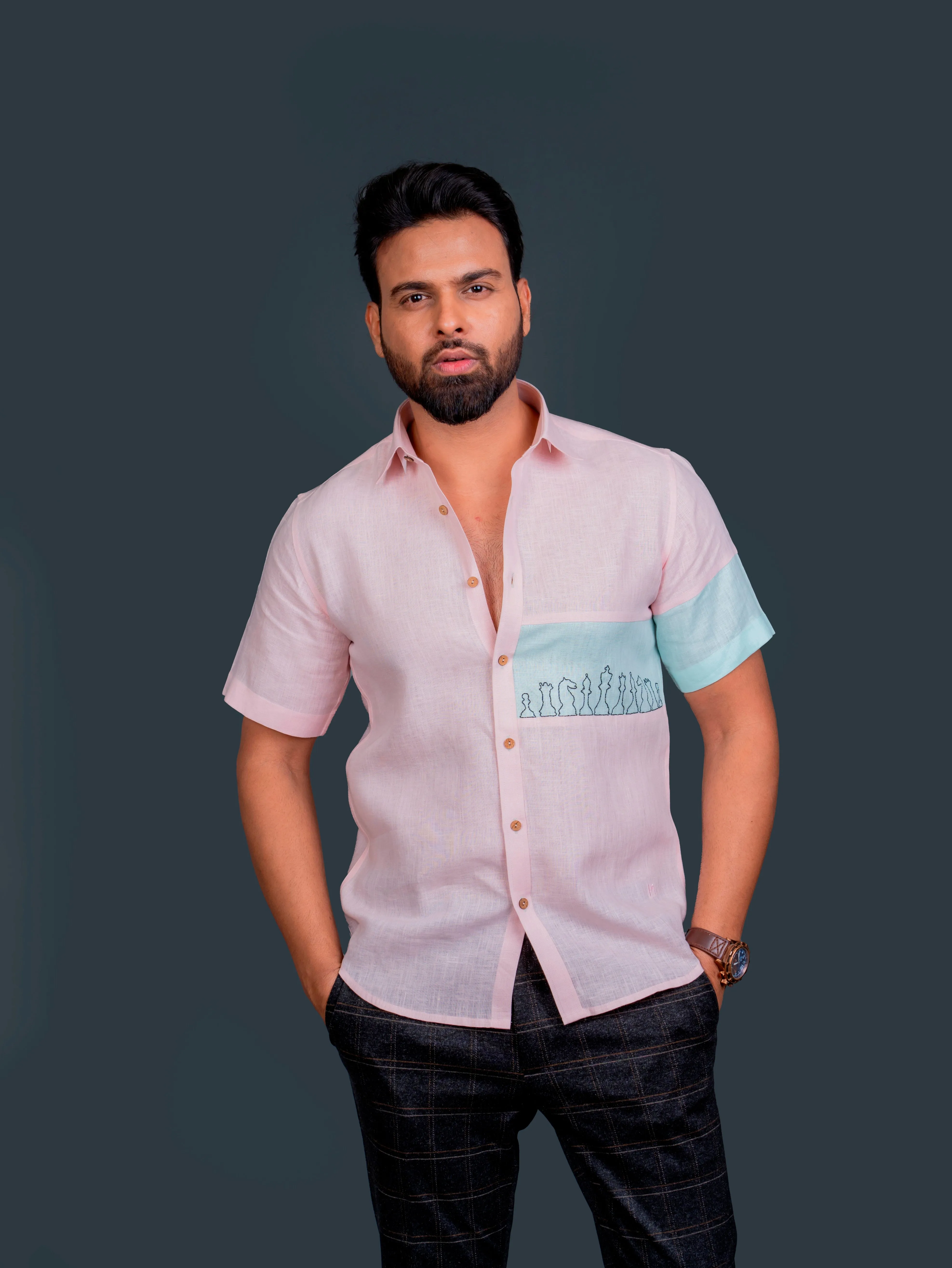 Linen Half Sleeves Shirt With Hand Embroidery On Colour Block