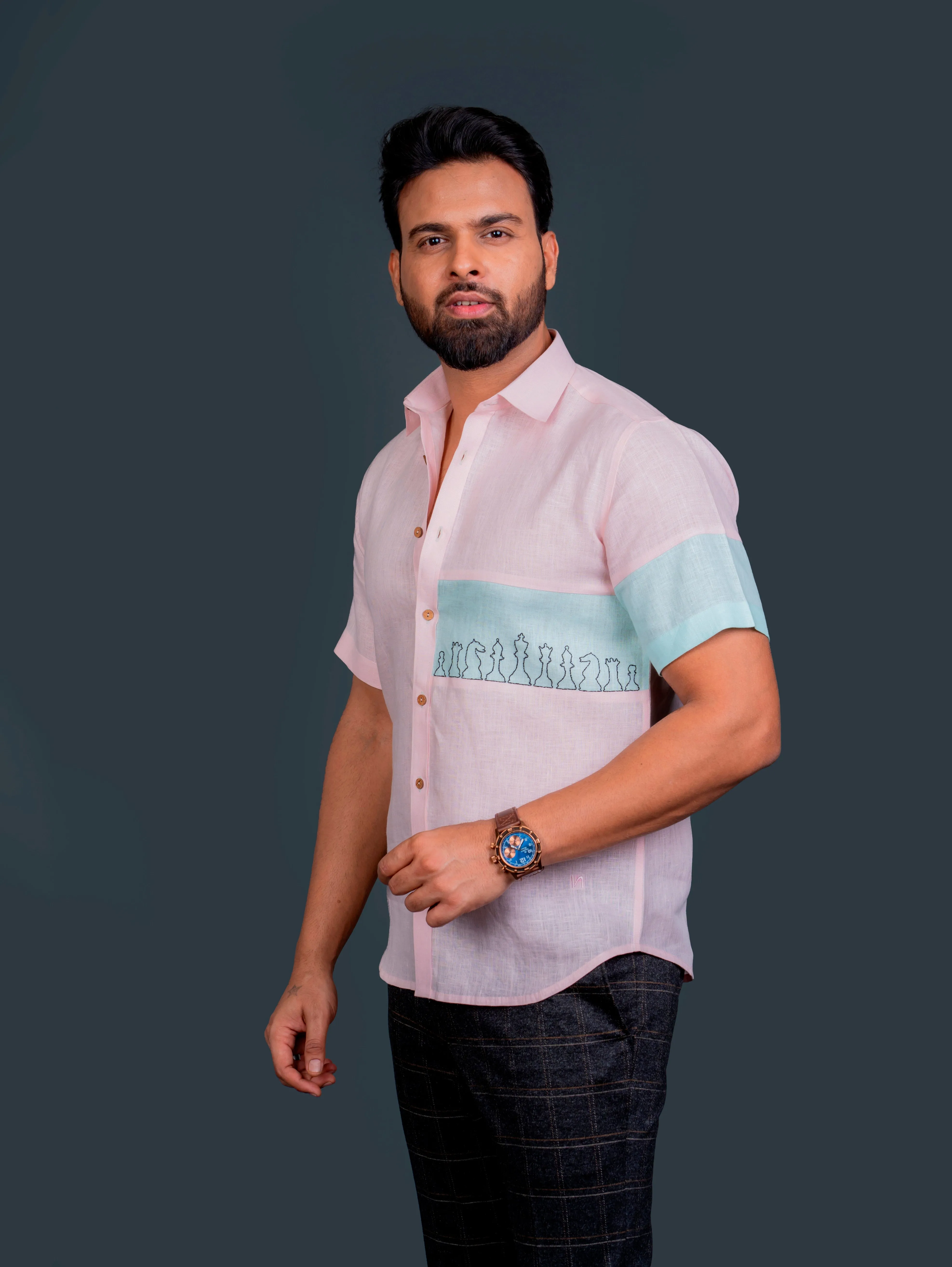 Linen Half Sleeves Shirt With Hand Embroidery On Colour Block