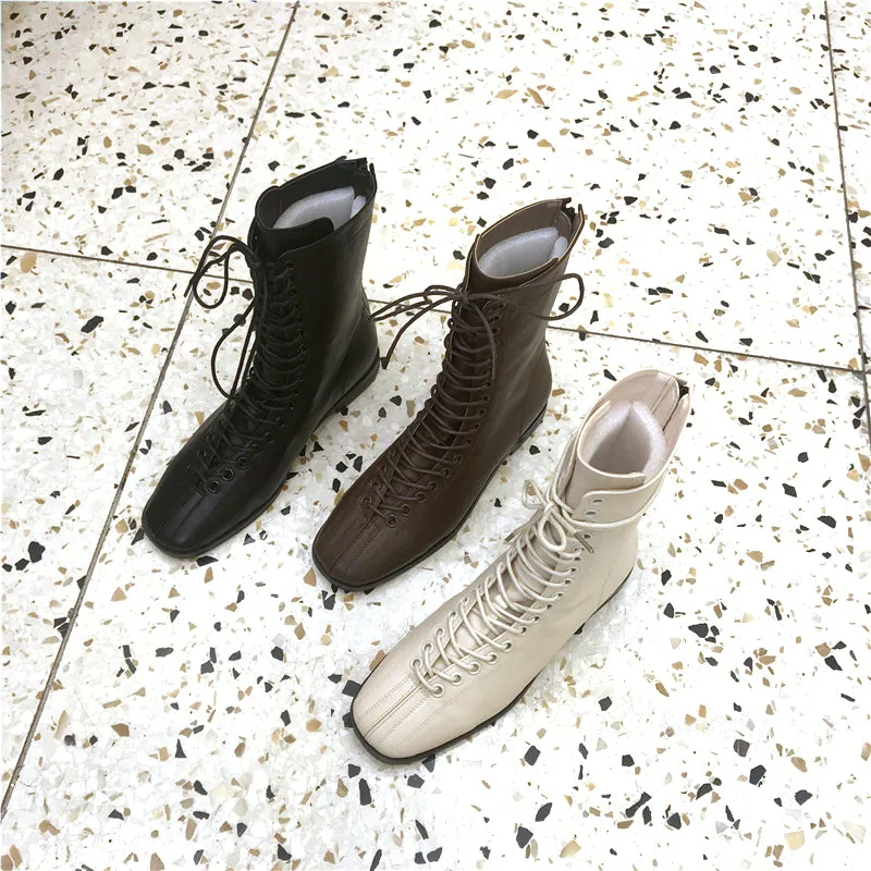 LUXE DESIGN LACE UP FLAT ANKLE BOOTS