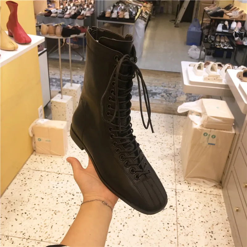 LUXE DESIGN LACE UP FLAT ANKLE BOOTS