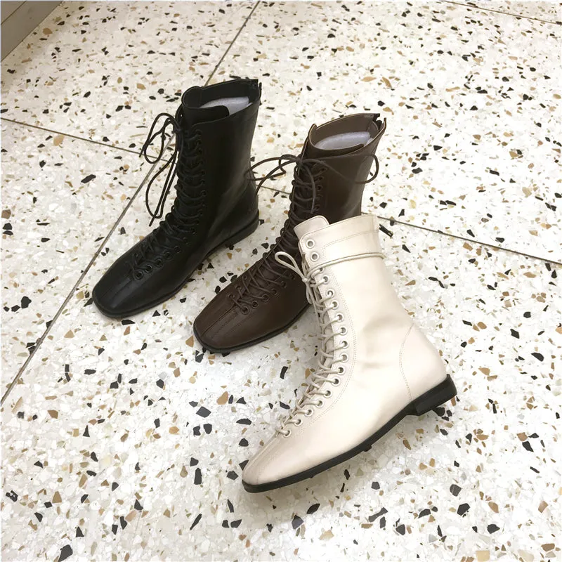 LUXE DESIGN LACE UP FLAT ANKLE BOOTS