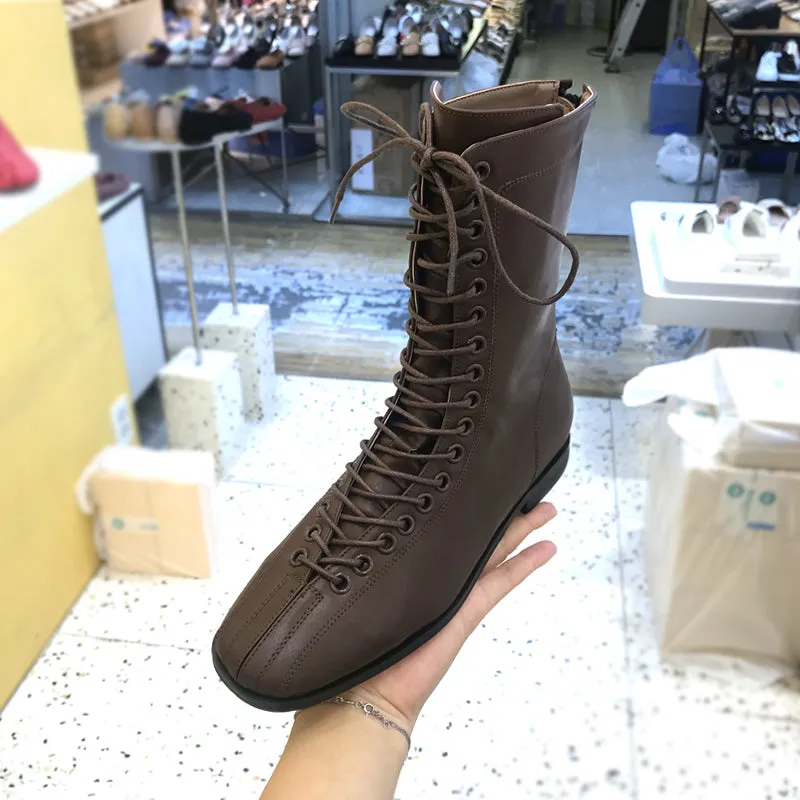LUXE DESIGN LACE UP FLAT ANKLE BOOTS