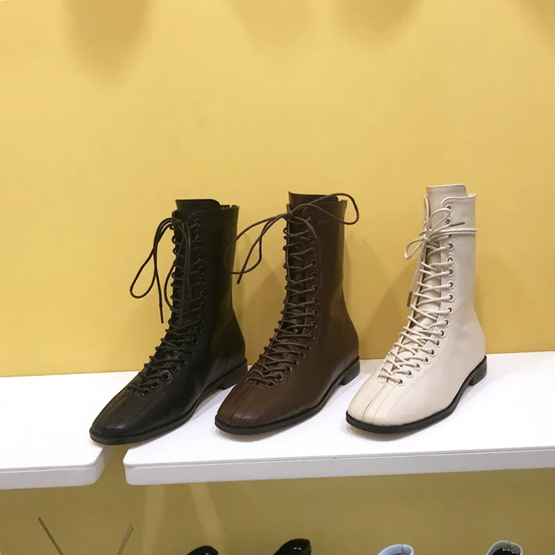 LUXE DESIGN LACE UP FLAT ANKLE BOOTS