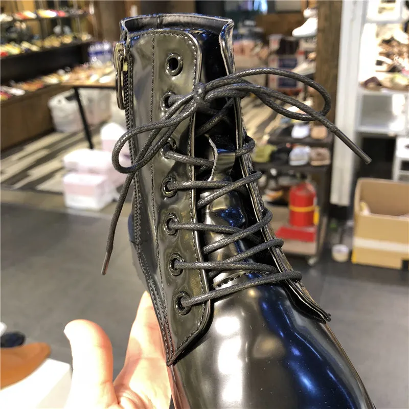 LUXE SEVEN DESIGN LACE UP BOOTS IN HIGH SHINE BLACK