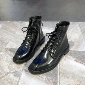 LUXE SEVEN DESIGN LACE UP BOOTS IN HIGH SHINE BLACK