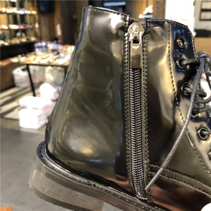 LUXE SEVEN DESIGN LACE UP BOOTS IN HIGH SHINE BLACK
