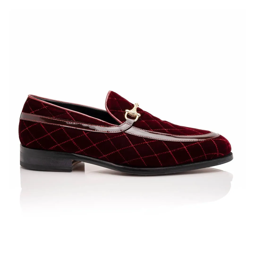 Mauri Allure in Ruby Red Mens Quilted Velvet / Patent leather Mens Slip-on Horsebit Loafers