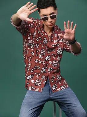 Men Rust Geometric Slim Fit Shirt