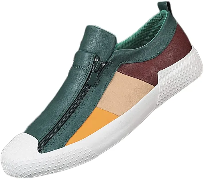 Men's Casual Grey/Red Leather Flat Zipper Sneaker Shoes