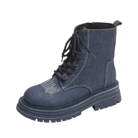 Meredny Casualista Round toe low block heel lace-up Leather denim ankle boots