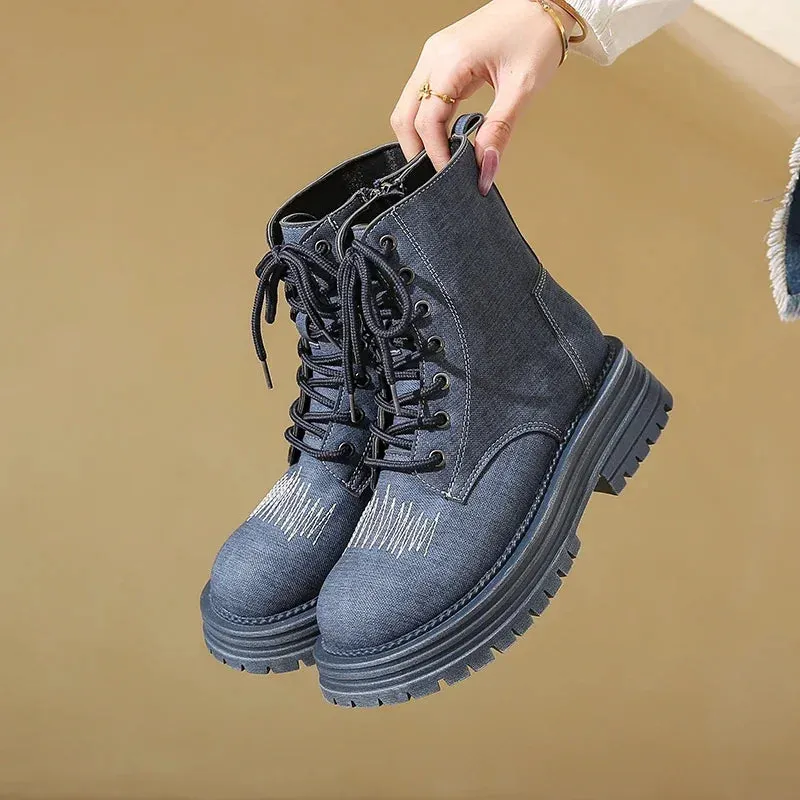 Meredny Casualista Round toe low block heel lace-up Leather denim ankle boots