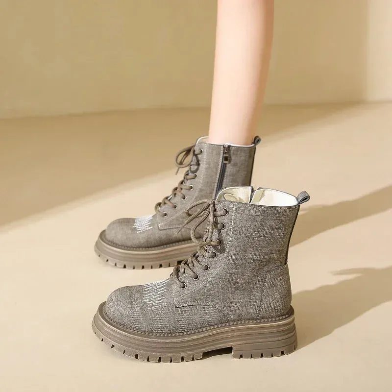 Meredny Casualista Round toe low block heel lace-up Leather denim ankle boots