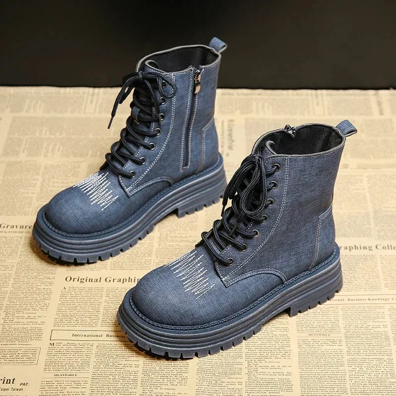 Meredny Casualista Round toe low block heel lace-up Leather denim ankle boots