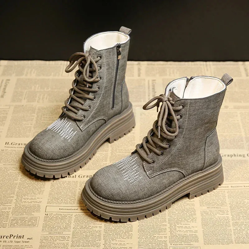 Meredny Casualista Round toe low block heel lace-up Leather denim ankle boots