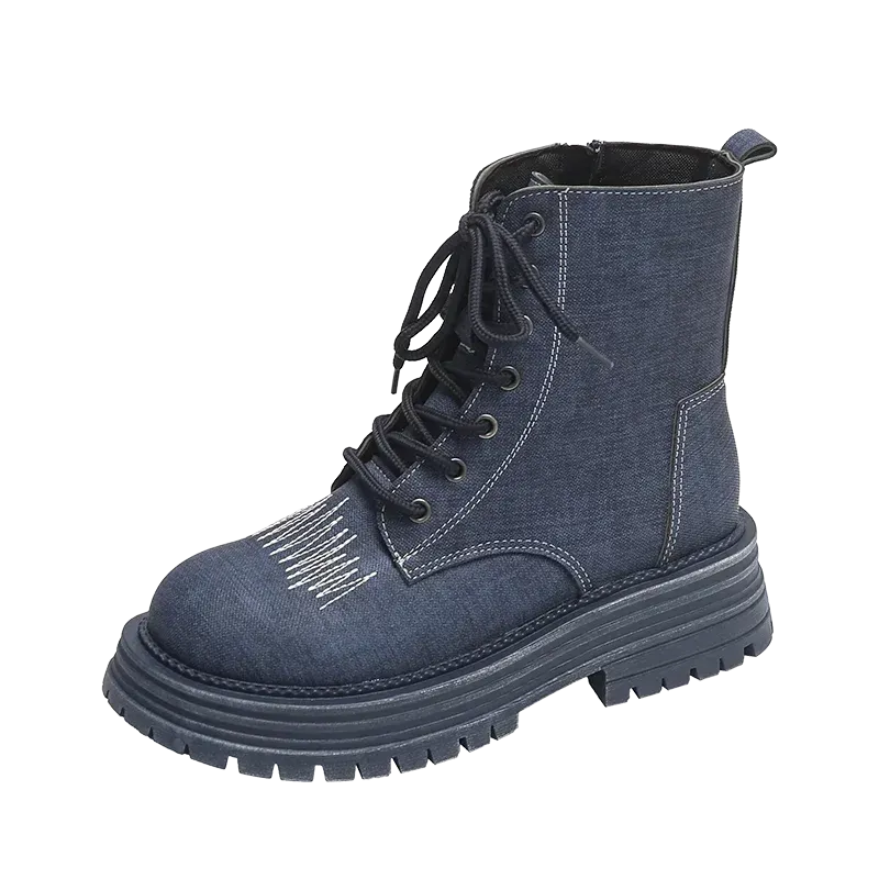 Meredny Casualista Round toe low block heel lace-up Leather denim ankle boots