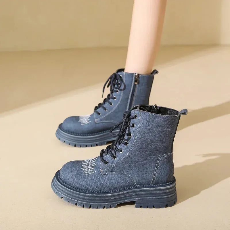 Meredny Casualista Round toe low block heel lace-up Leather denim ankle boots