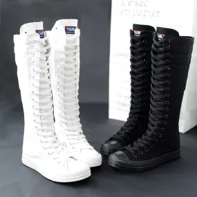 New 2023 Spring fashion ladies long canvas lace up long boot lace-up knee high zipper