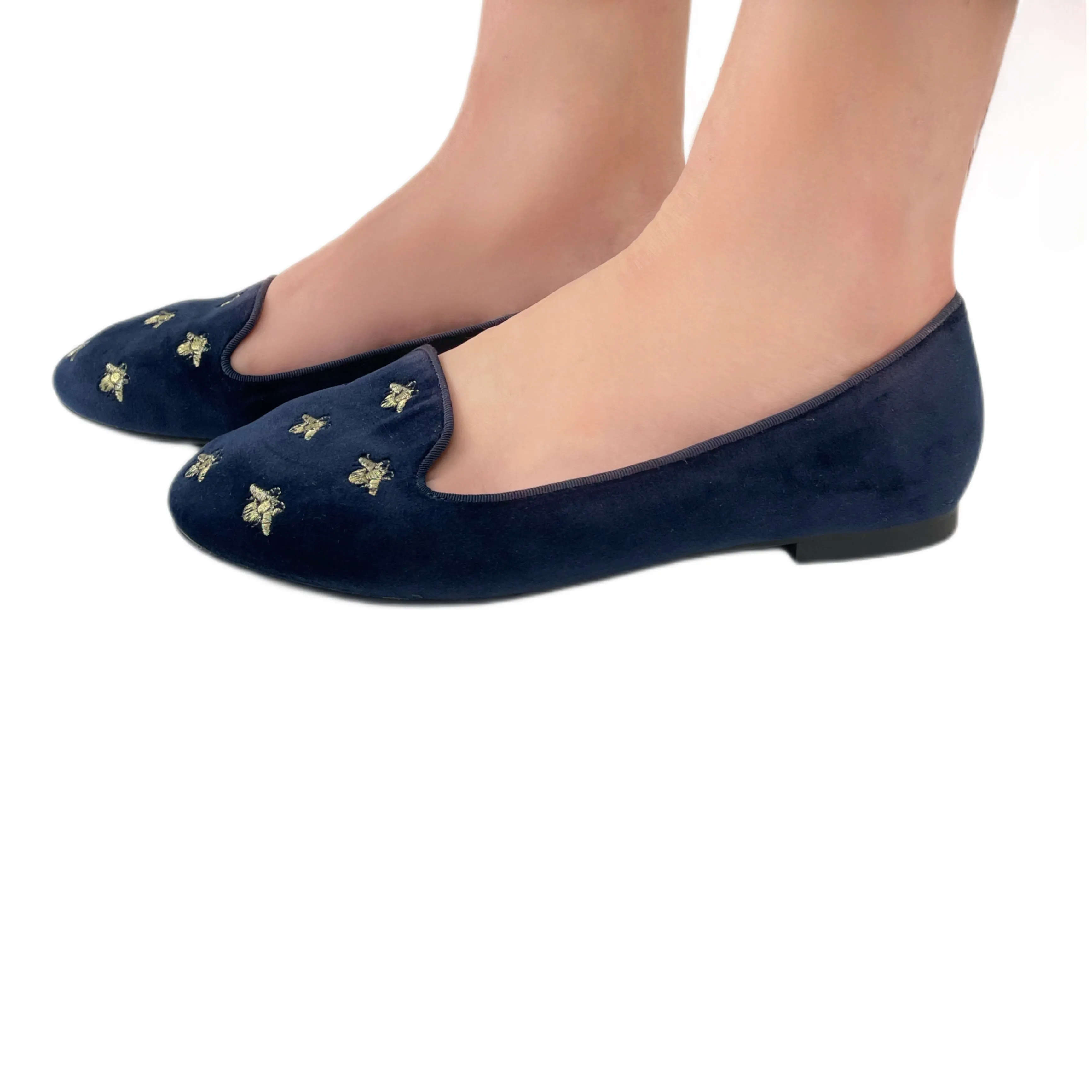 SCOTCH&SODA Womens Navy Velvet Embroidered Bee Flats #33 6 NWB