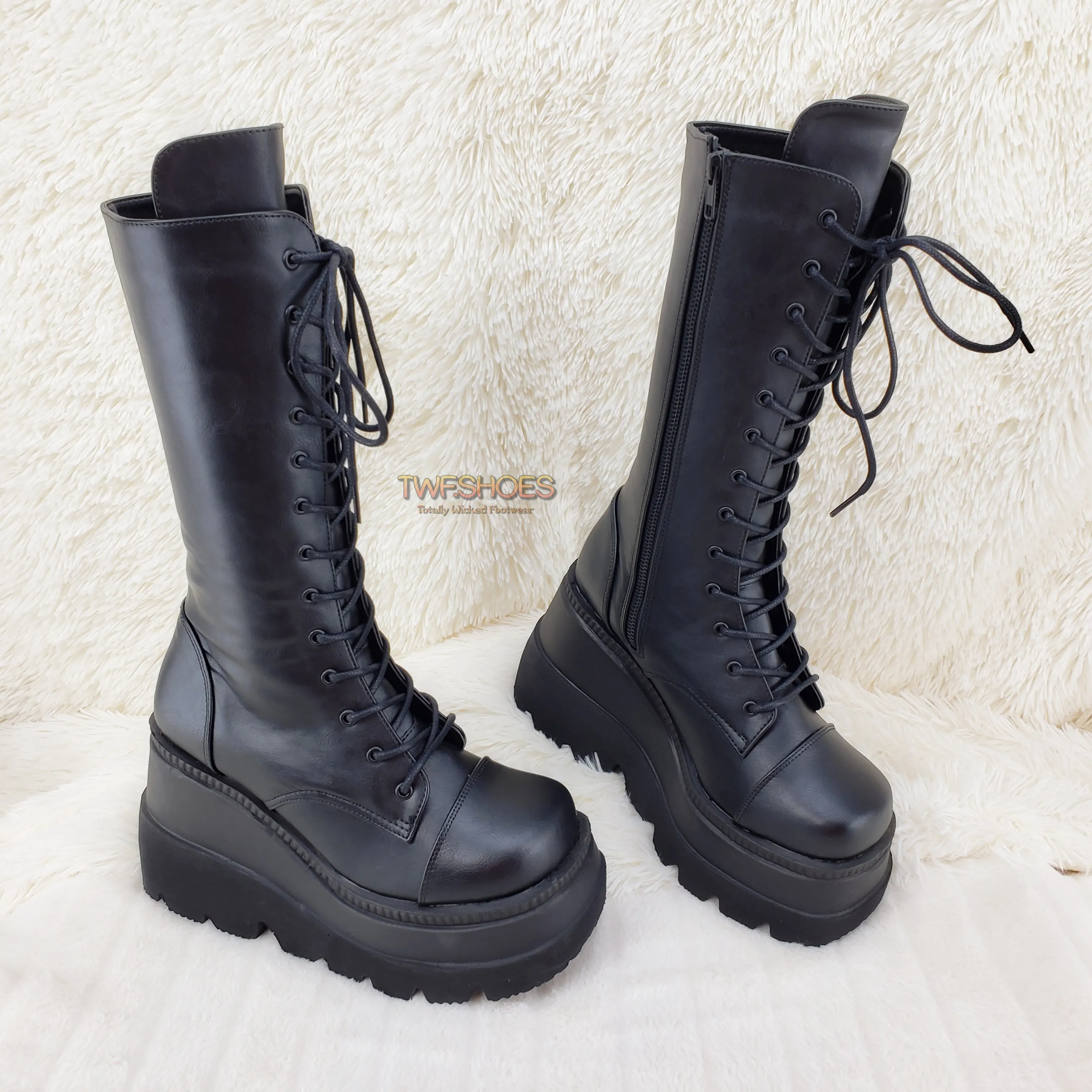 Shaker 72 Black Lace Up Cyber Goth Platform Knee Boot  - Demonia Direct