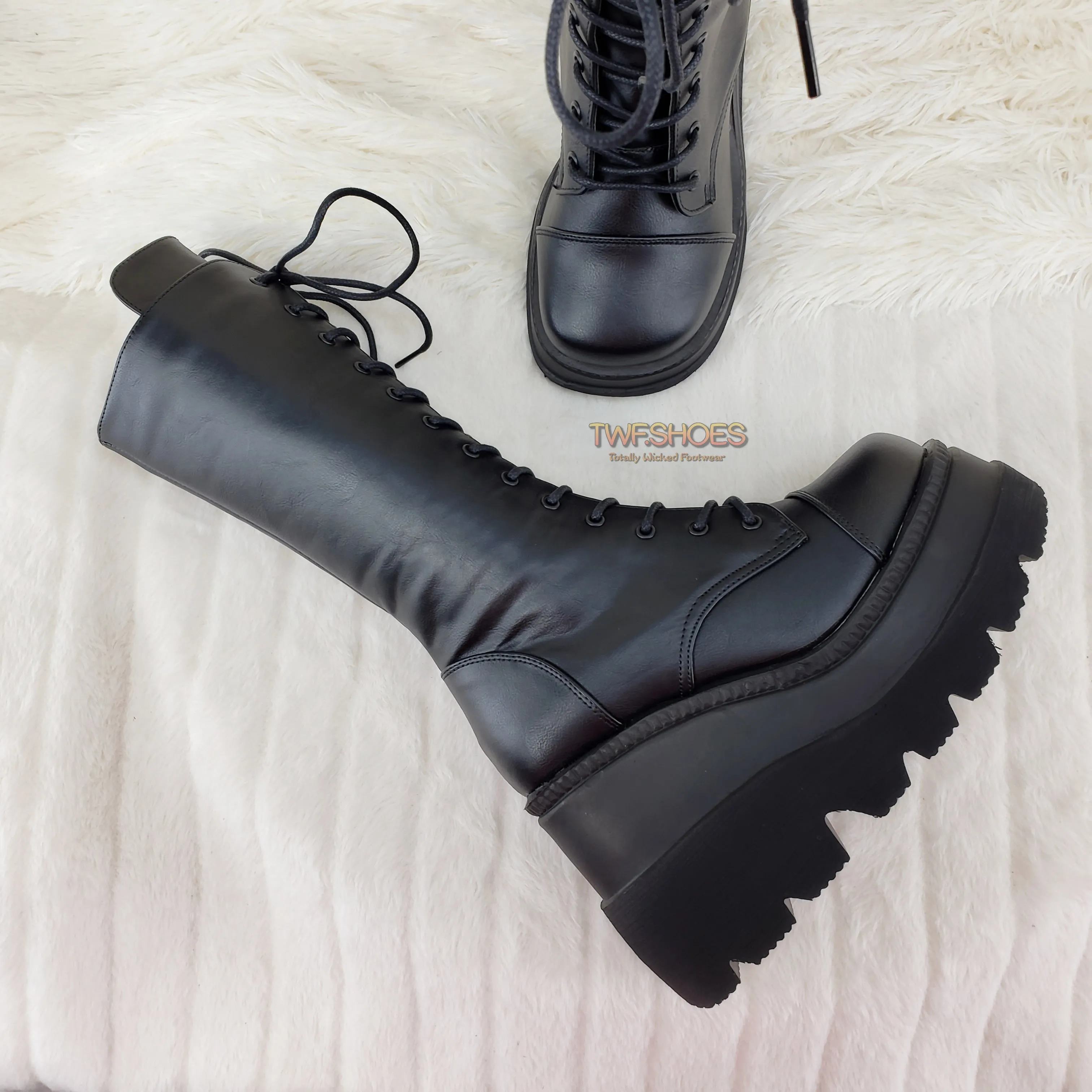 Shaker 72 Black Lace Up Cyber Goth Platform Knee Boot  - Demonia Direct