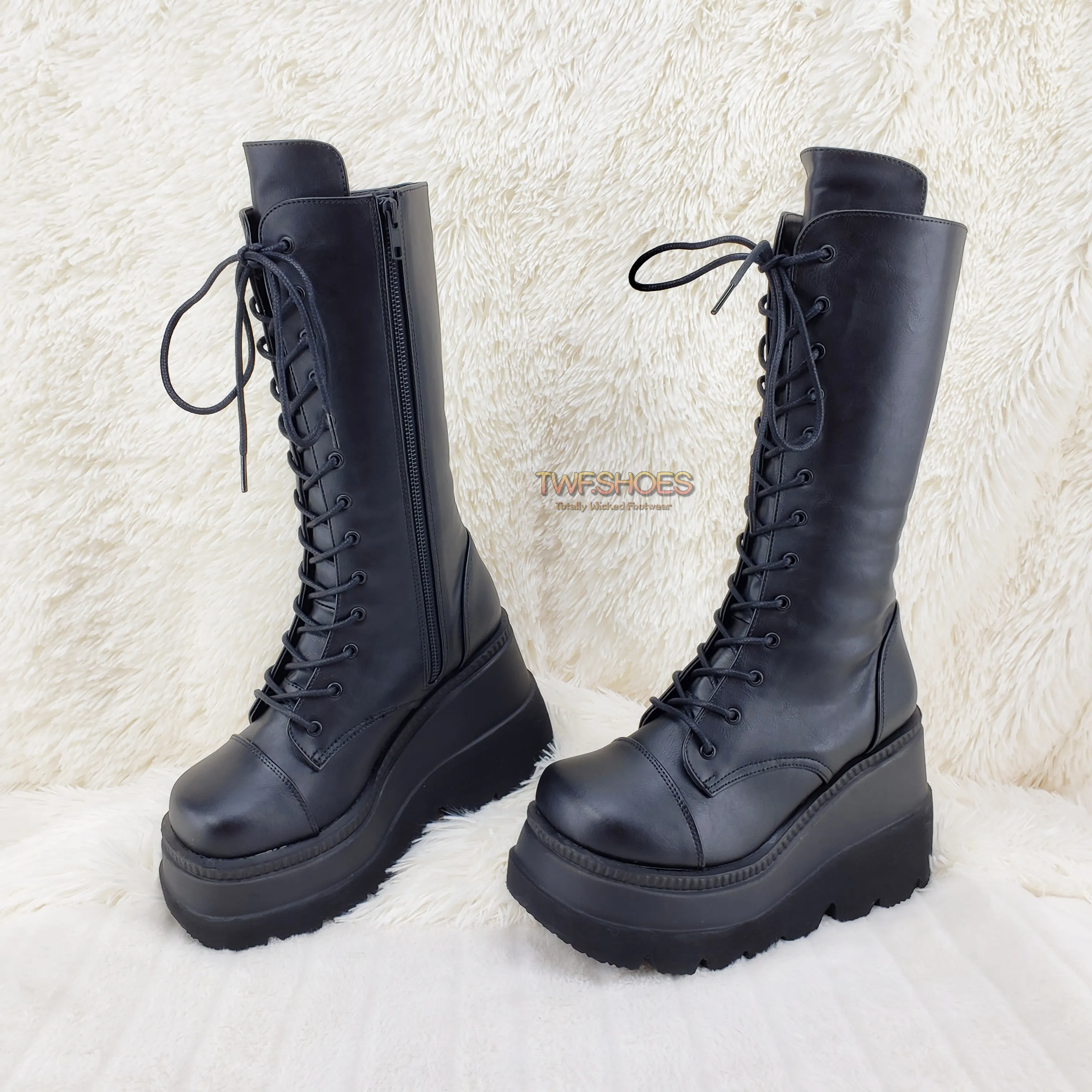 Shaker 72 Black Lace Up Cyber Goth Platform Knee Boot  - Demonia Direct