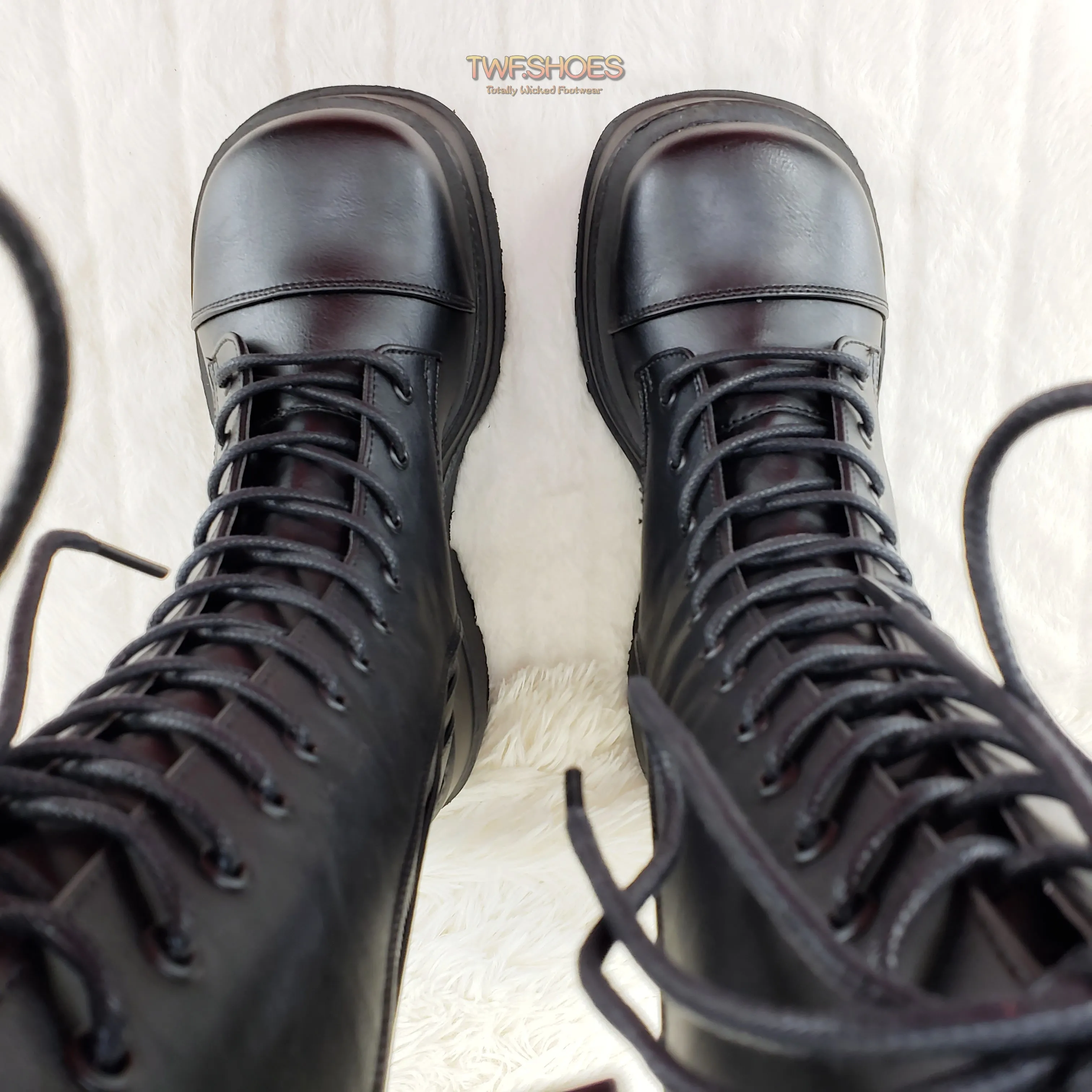 Shaker 72 Black Lace Up Cyber Goth Platform Knee Boot  - Demonia Direct