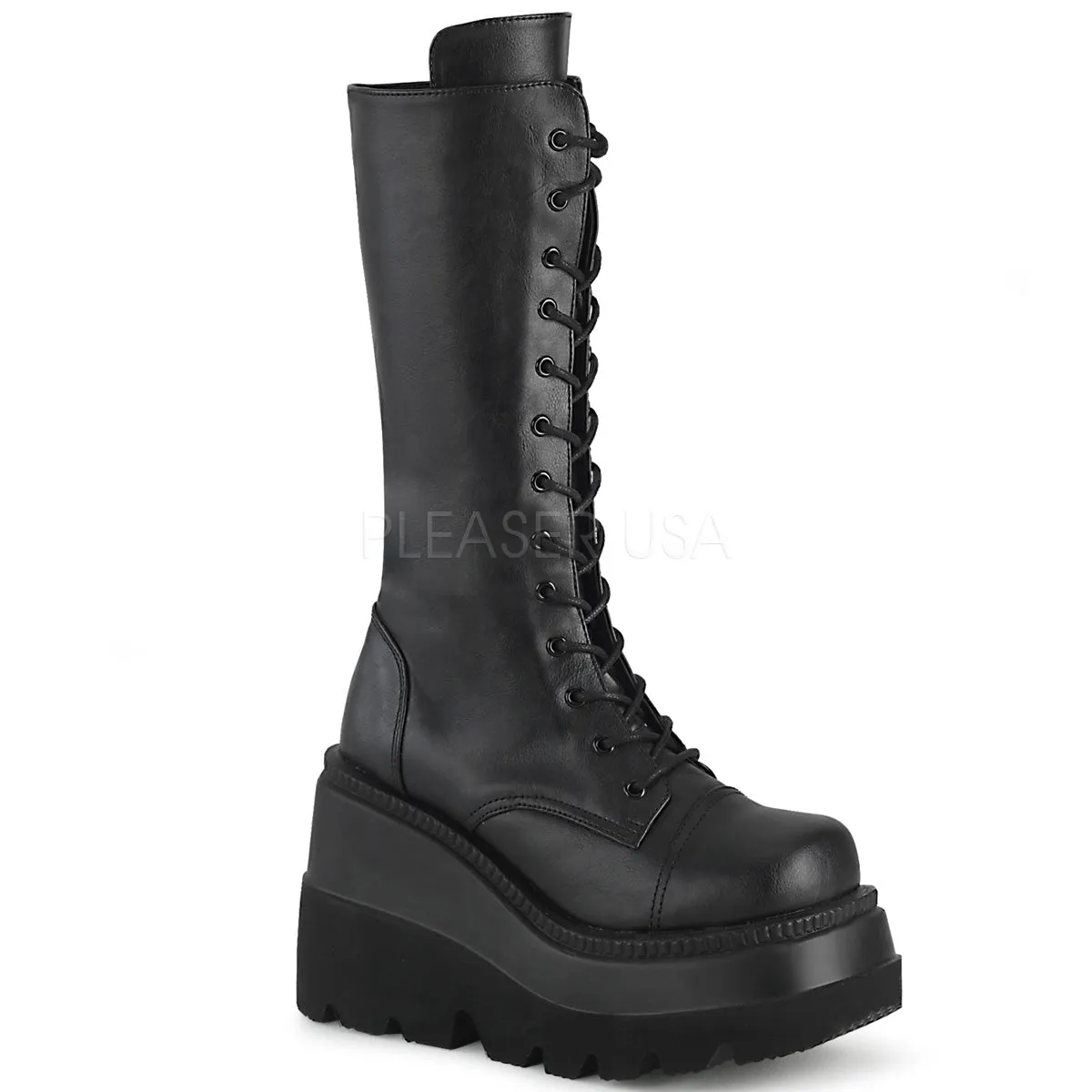 Shaker 72 Black Lace Up Cyber Goth Platform Knee Boot  - Demonia Direct