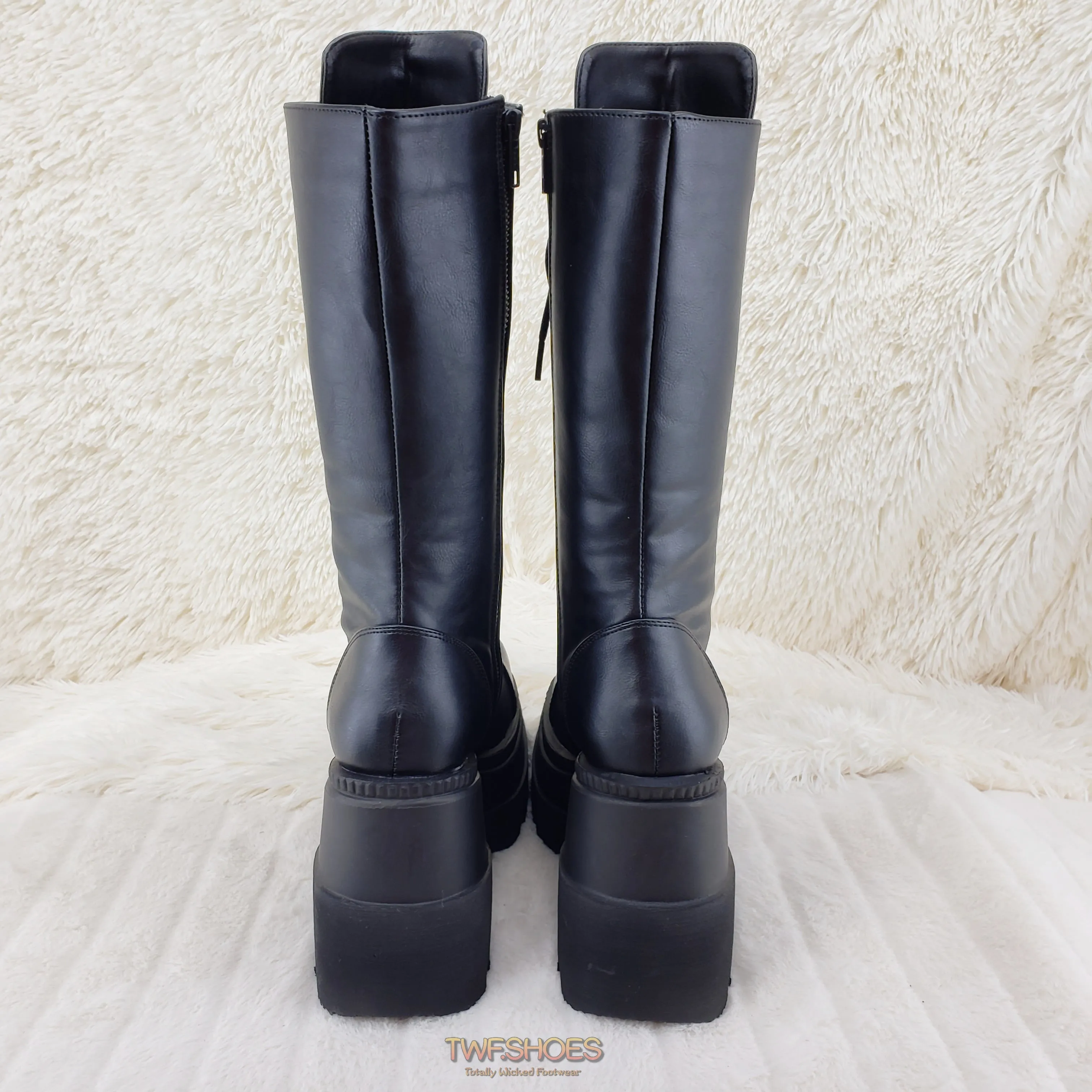 Shaker 72 Black Lace Up Cyber Goth Platform Knee Boot  - Demonia Direct