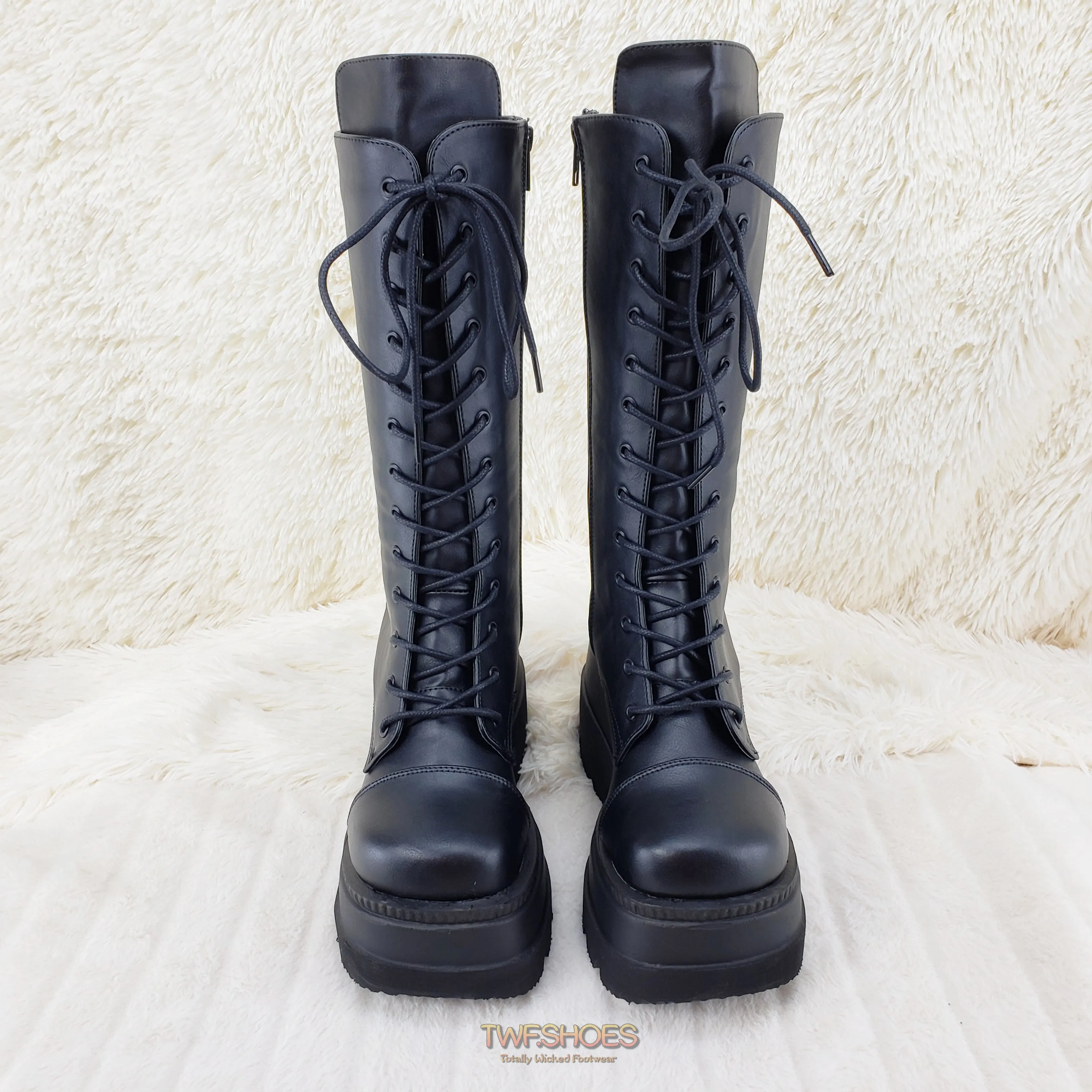 Shaker 72 Black Lace Up Cyber Goth Platform Knee Boot  - Demonia Direct
