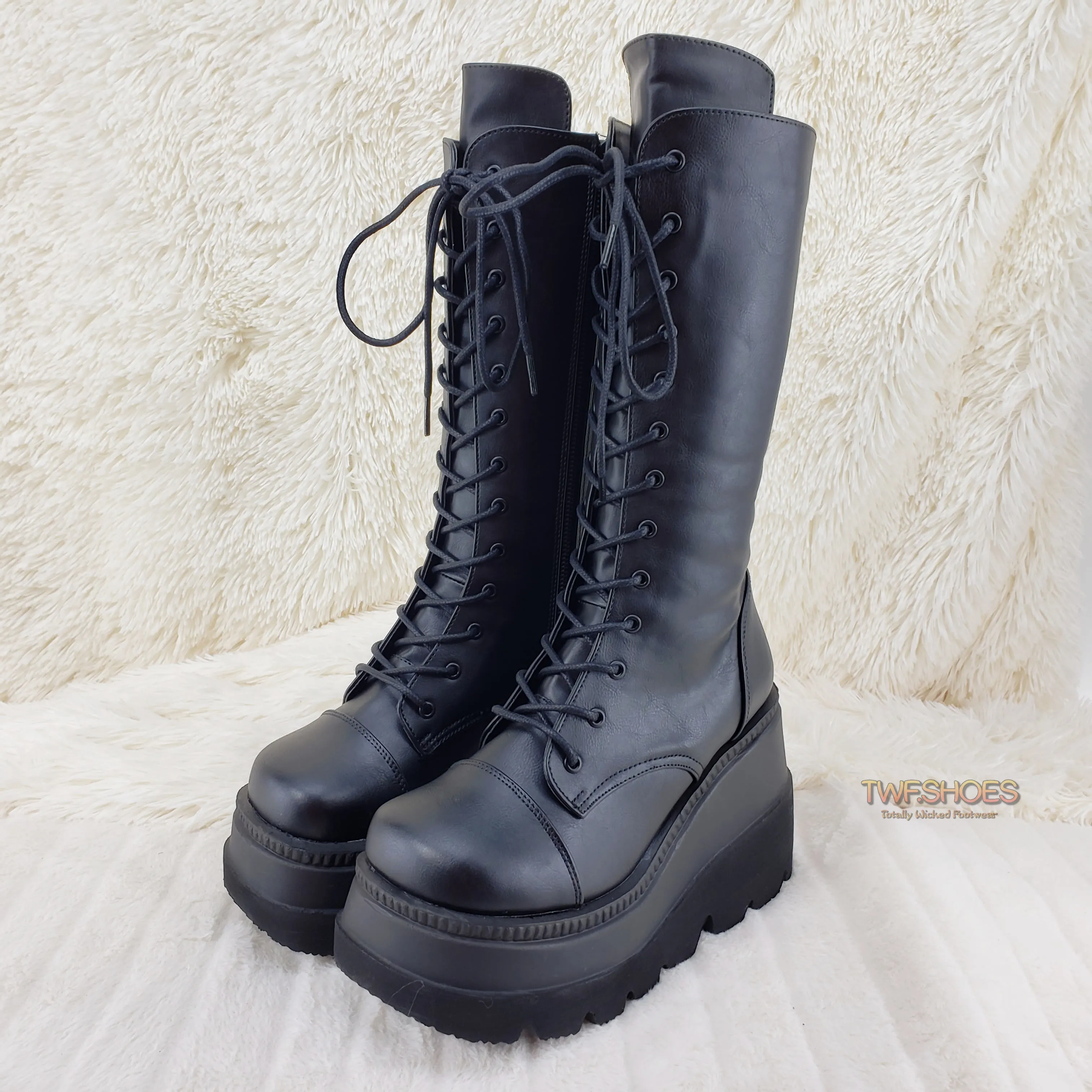 Shaker 72 Black Lace Up Cyber Goth Platform Knee Boot  - Demonia Direct